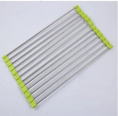 Folding stainless steel kitchen drain rack with coloured plastic tubes, shown open for use.