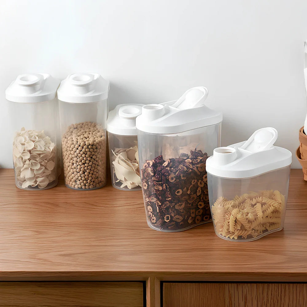 Clear plastic kitchen storage containers in 1000ml and 1500ml sizes for beans and grains