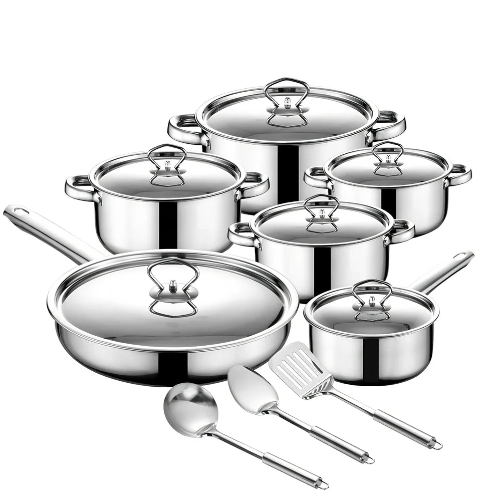 15-piece stainless steel cookware set with 12 pots, glass lids, non-stick pans, and utensils nested at 45x27x17cm