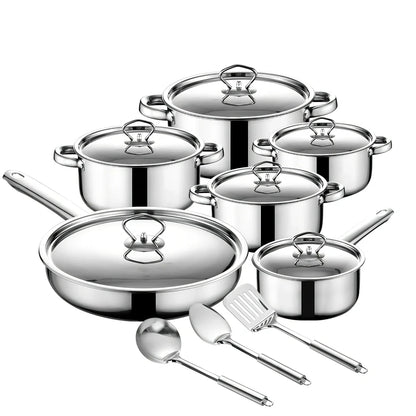 15-piece stainless steel cookware set with 12 pots, glass lids, non-stick pans, and utensils nested at 45x27x17cm