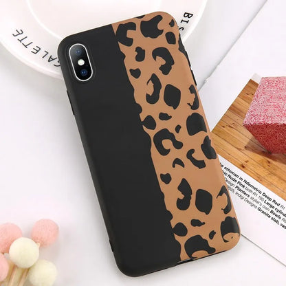 Leopard print protective phone case for iPhone, shown in black, blue, and pink colour options.