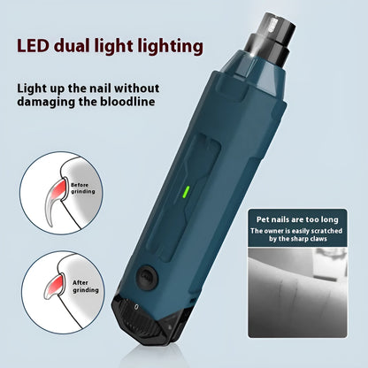 Dark blue pet nail grinder with LED light, 6-speed rotary knob, and USB charging port