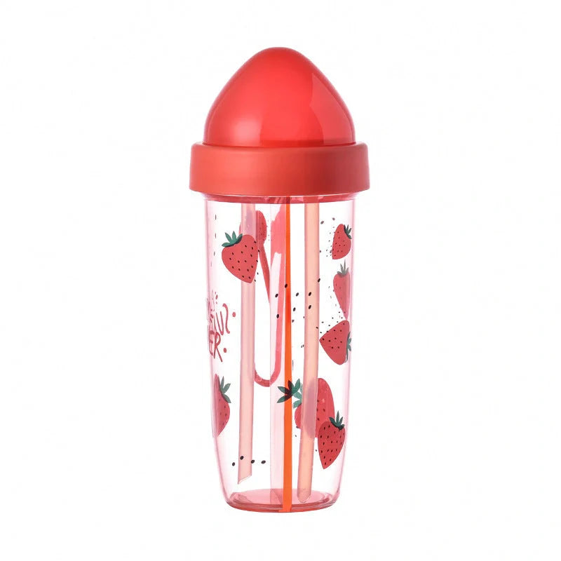 Double straw cup with leak-proof design for couples, available in pineapple, strawberry, and watermelon patterns.