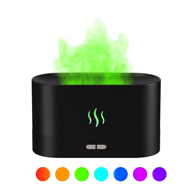 Black square ultrasonic aroma diffuser with flame light effect and mist output.