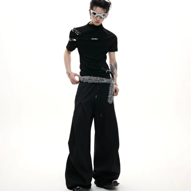 Metal Belt Design Short Sleeve T-Shirt with Small Stand-up Collar, Cotton Slim Fit Menswear in Black or White in sizes S, M, L, XL, featuring a round neckline and contrast stitching details.