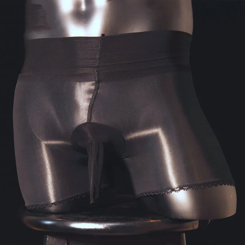 Men's sheer transparent stockings briefs with lace closures in black, coffee, red and skin colour options