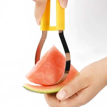 Stackable fruit tool set showing melon baller, V-shaped carver, and dual scoops in 24cm compact design