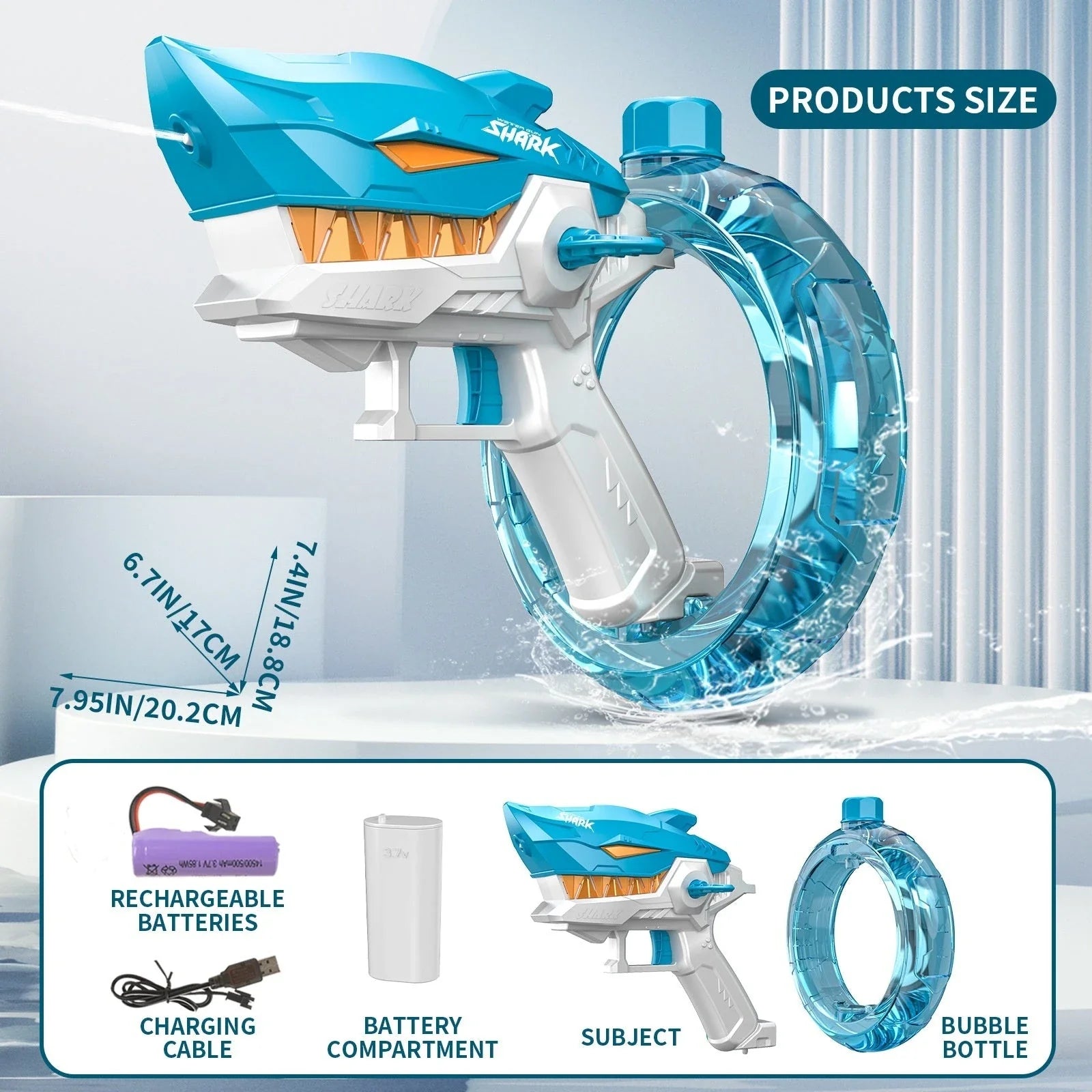 A powerful electric water blaster with a sleek shark design, perfect for summer fun and water battles.