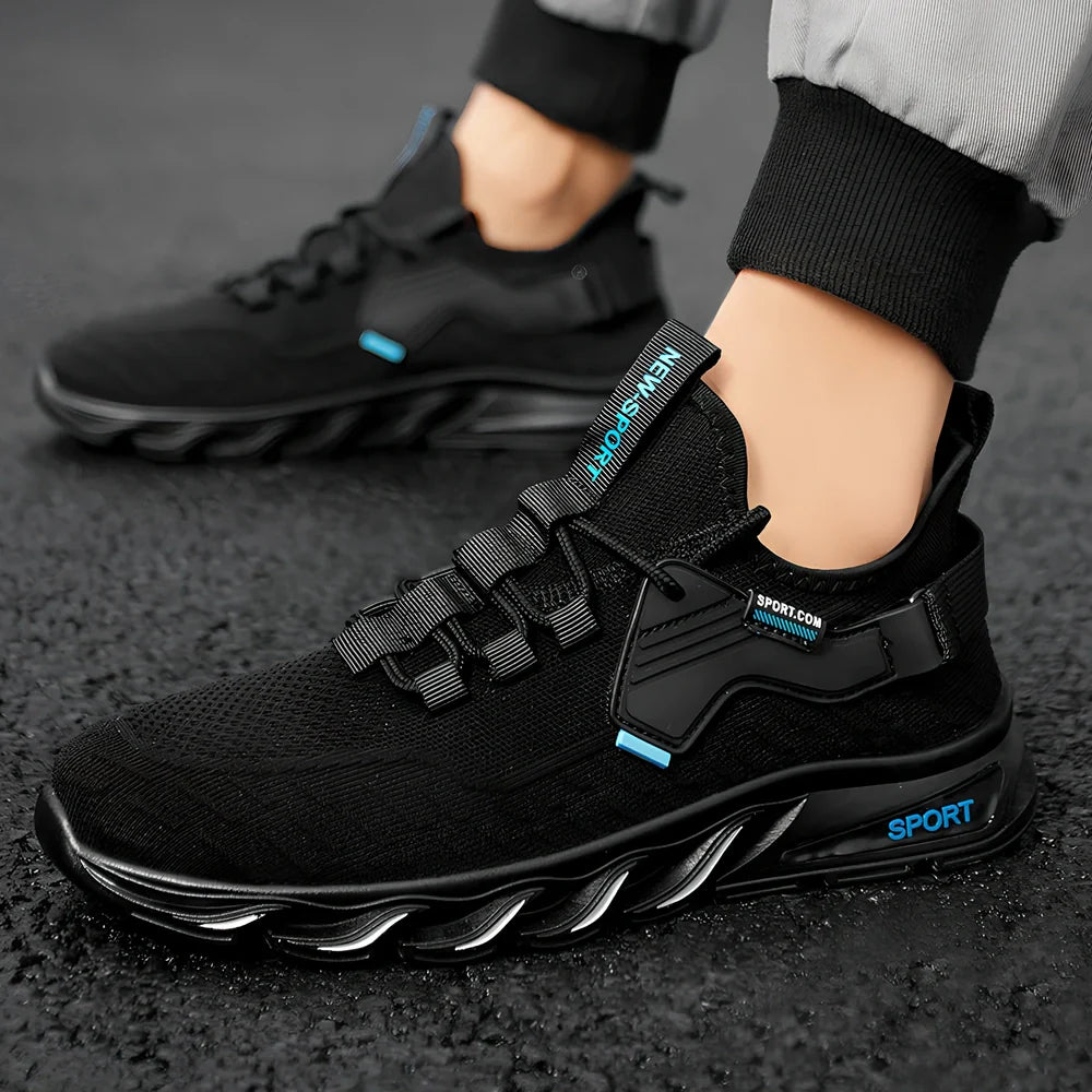 Flying woven breathable mesh sports shoes in black with blue accents showing mesh construction