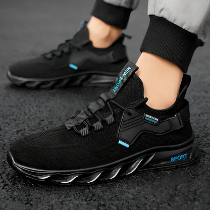 Flying woven breathable mesh sports shoes in black with blue accents showing mesh construction