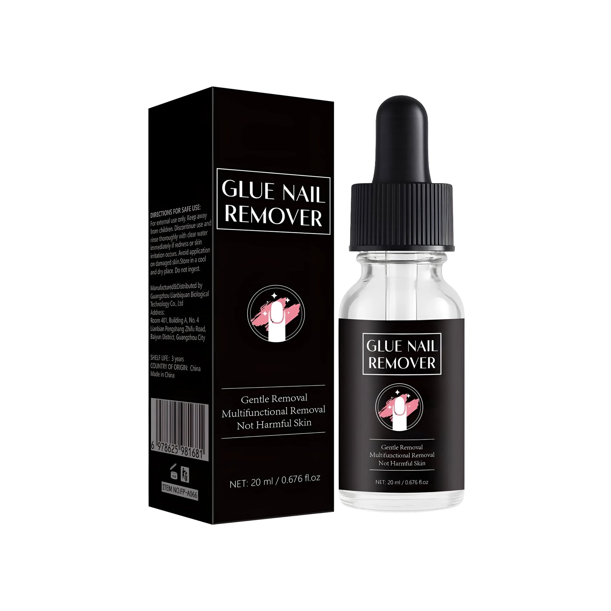 FP-A066 specification nail glue remover in a 20ml plastic bottle.