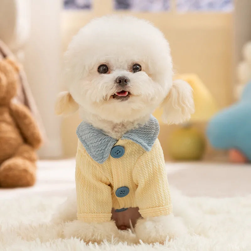 Yellow two-legged dog shirt with bow tie collar for small and medium dogs, sizes XS-XXL