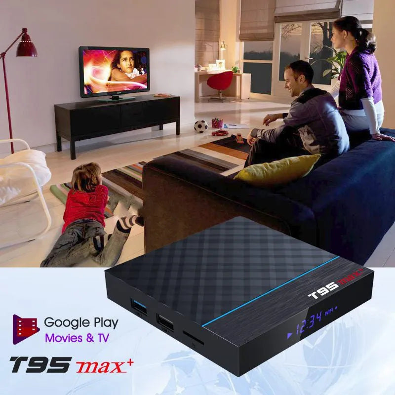 Black T95 Max Plus Android TV Box set-top unit with remote control on a wooden surface.