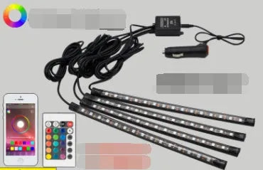 Car sole atmosphere lamp set with four LED light bars, 5V USB and 12V, music sound control, IP65