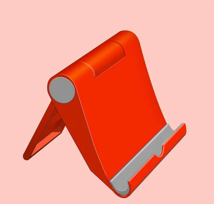 Black PE folding mobile phone stand holding a smartphone at an angle on a desktop.