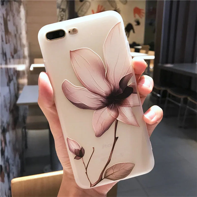 Embossed floral TPU phone case in black and white colour options showing floral pattern detail.