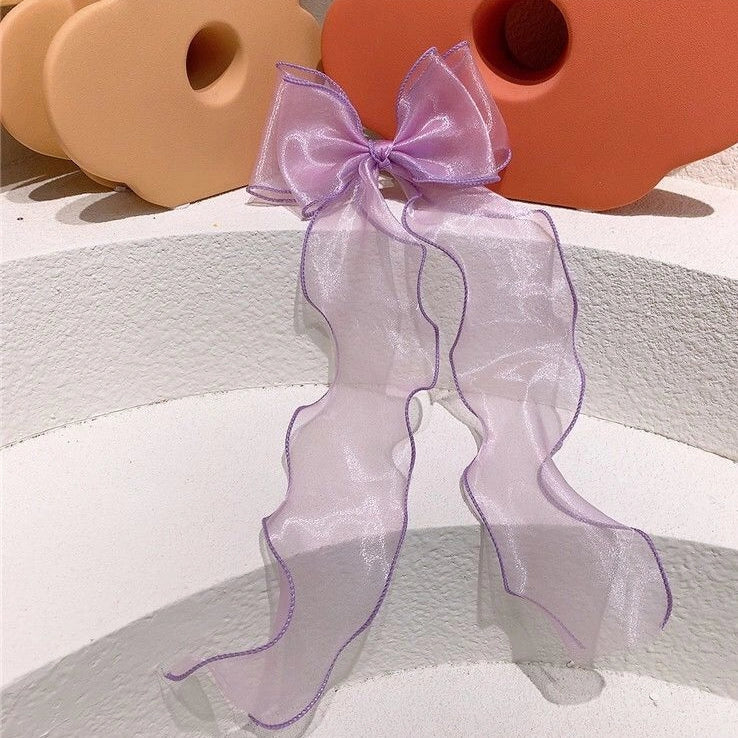 Children's lace bow hairpin with antique streamer design and duckbill clip in blue, grey, pink, purple, or red