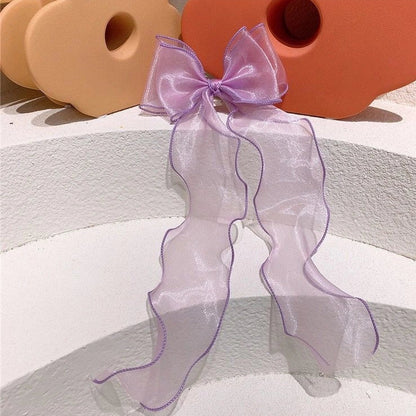 Children's lace bow hairpin with antique streamer design and duckbill clip in blue, grey, pink, purple, or red