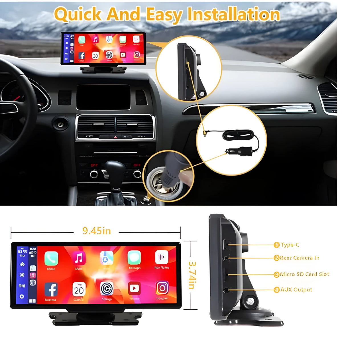 Black portable wireless CarPlay screen with 9.3-inch Ultra HD display, 2.5K front camera, and 1080P rear camera