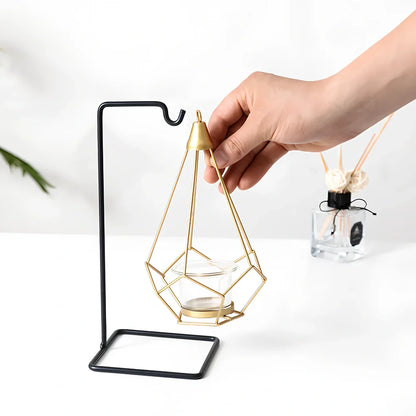 Geometric wrought iron candle holder with angular design, 25cm height and 15cm base diameter
