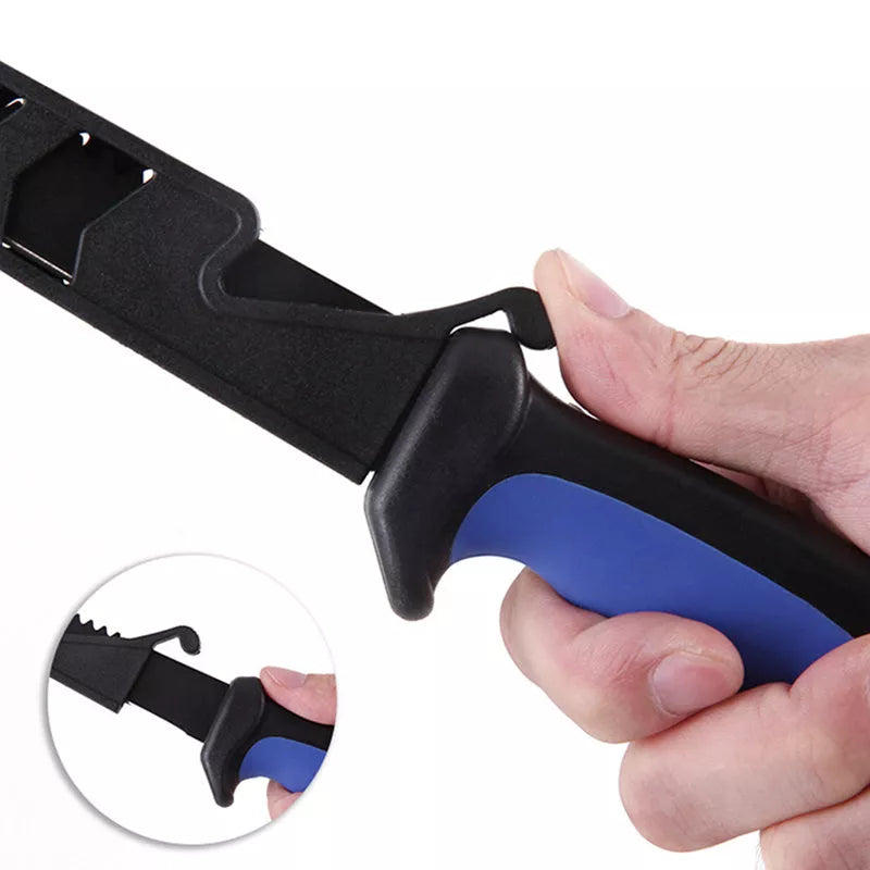 Navy blue stainless steel fishing knife with protective cover for safe storage