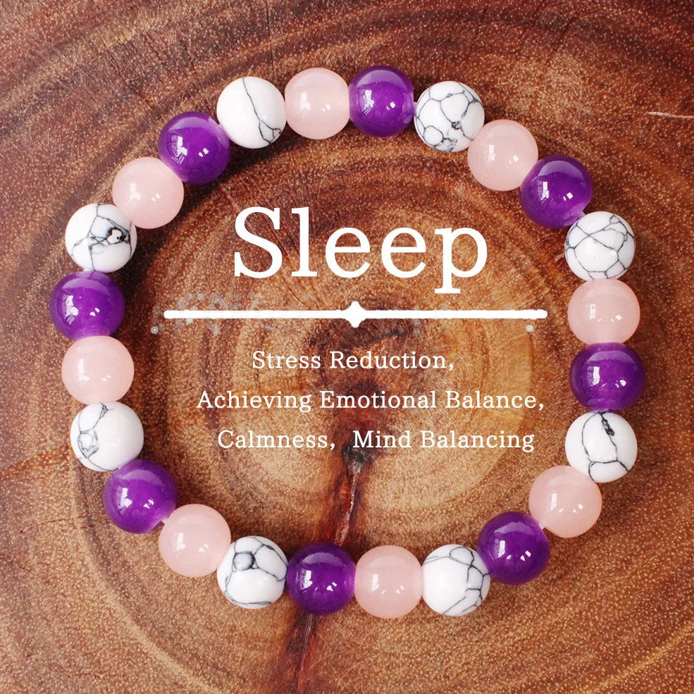 Adjustable natural crystal bracelet showing 15mm beads on elastic cord in blue colour variation