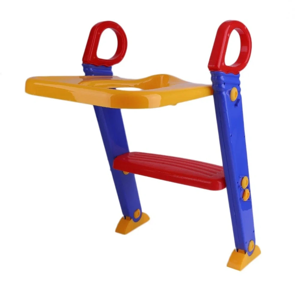 Purple, red and yellow adjustable potty training chair with ladder folded to 7cm thickness showing double handrails