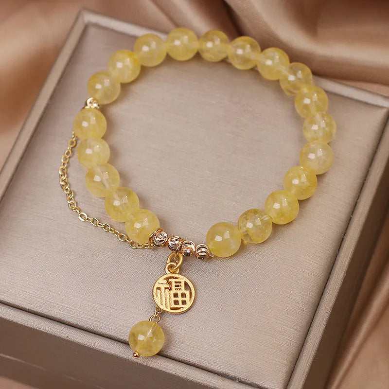 Natural stone citrine bracelet with Chinese character design and decorative tassel for women