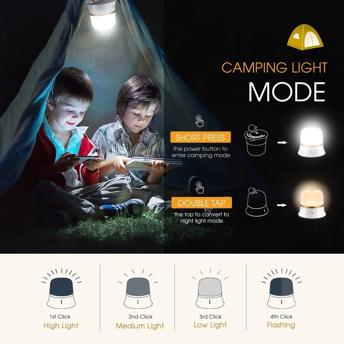 White rechargeable bedside night light with touch controls showing dimming and colour options