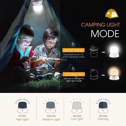 White rechargeable bedside night light with touch controls showing dimming and colour options