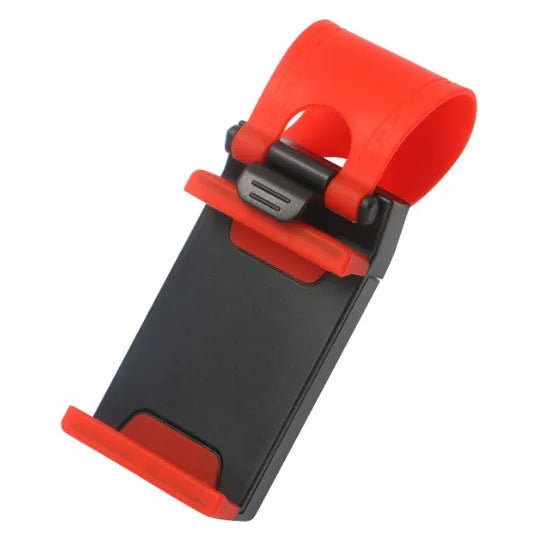Black universal car steering wheel clip mount holding a mobile phone.