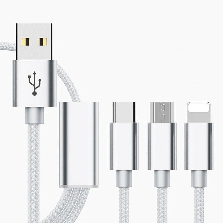 A 1.2 metre three-in-one charging cable showing Micro USB, Lightning, and USB-C connectors in a choice of colours.