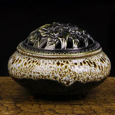 Retro ceramic incense burner in multiple glaze colours with 8cm diameter and 7cm height