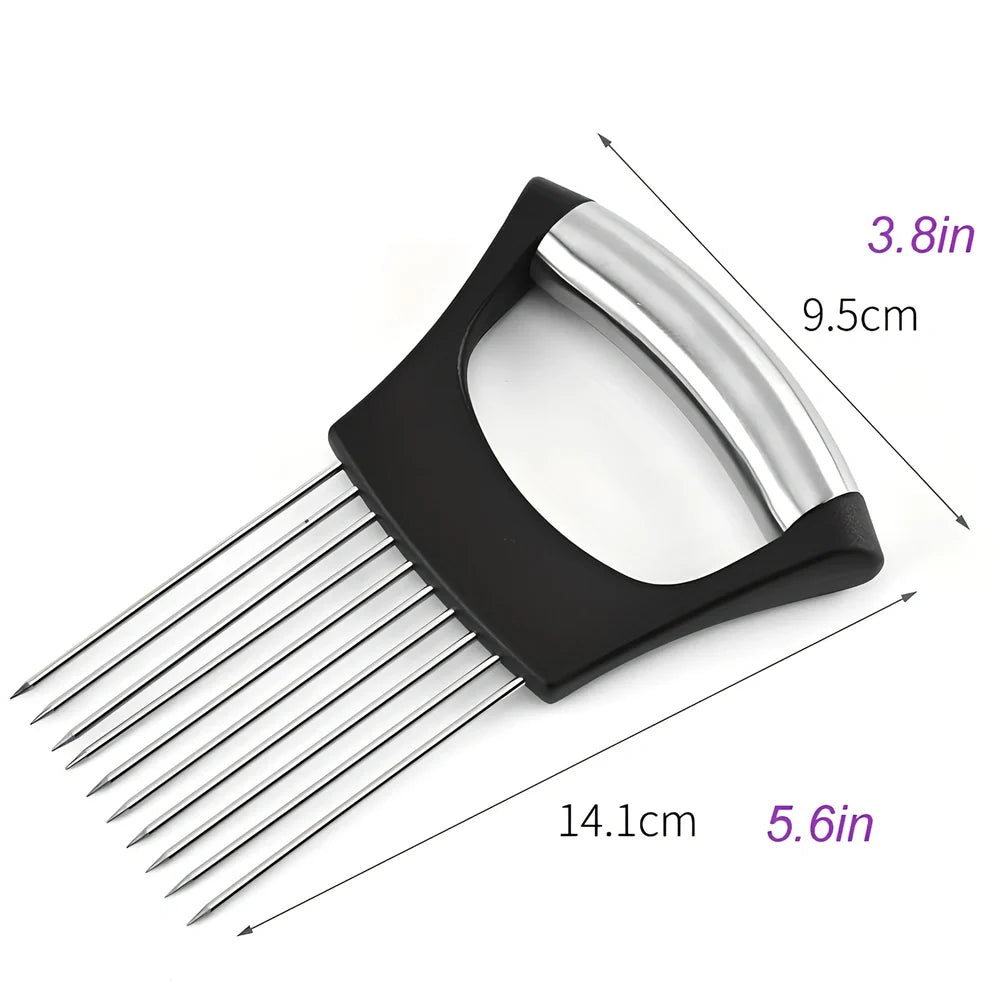 Stainless steel onion holder with black ABS handle for slicing and meat tenderising