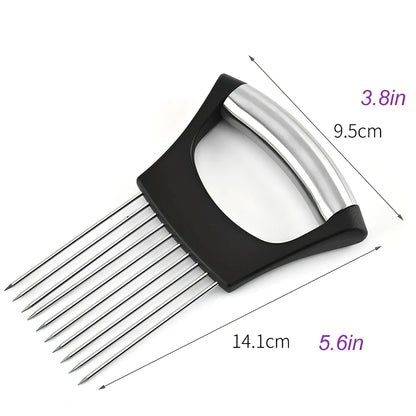 Stainless steel onion holder with black ABS handle for slicing and meat tenderising