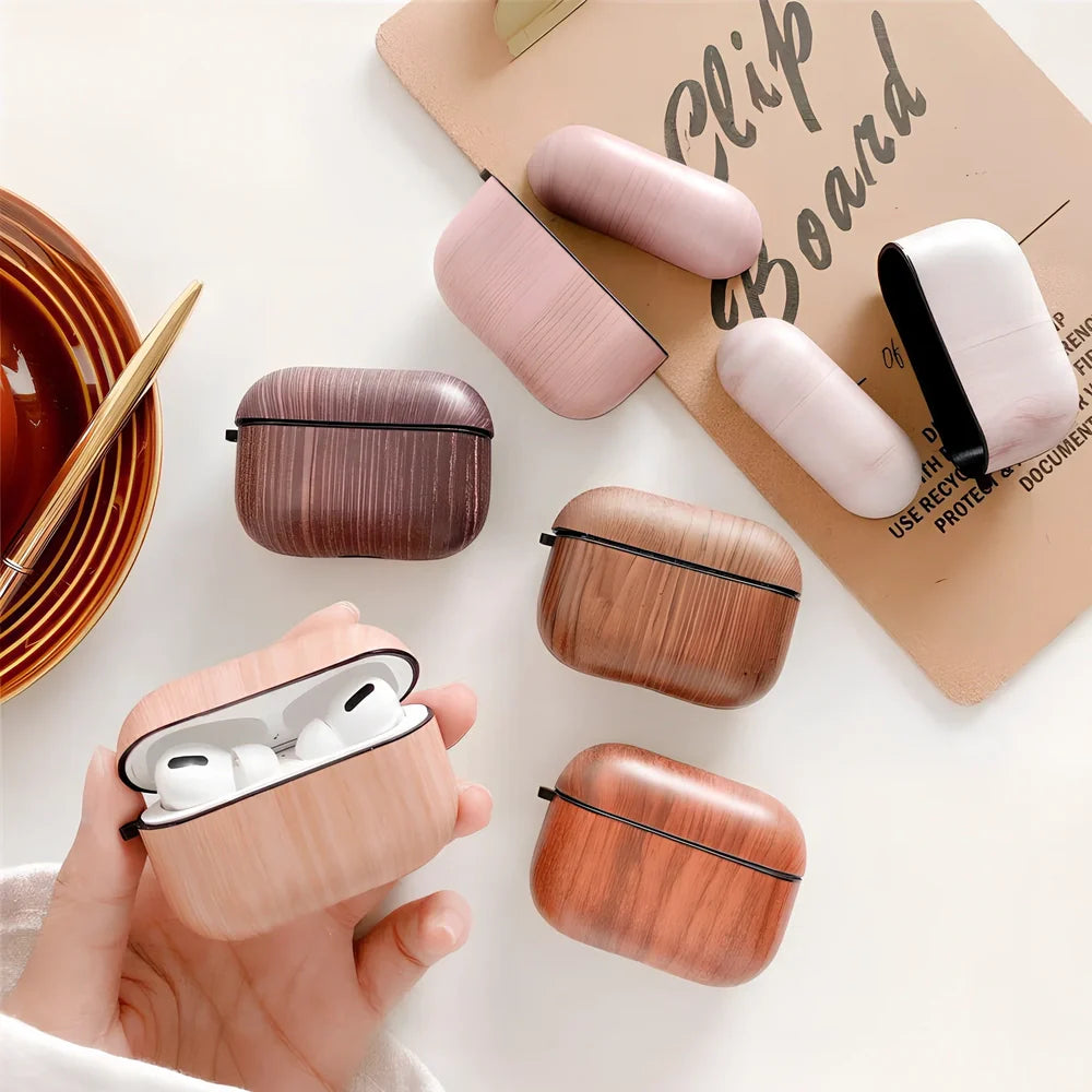 Dark brown wood grain IMD soft shell case for AirPods Pro, clamshell design with precise fit and drop protection