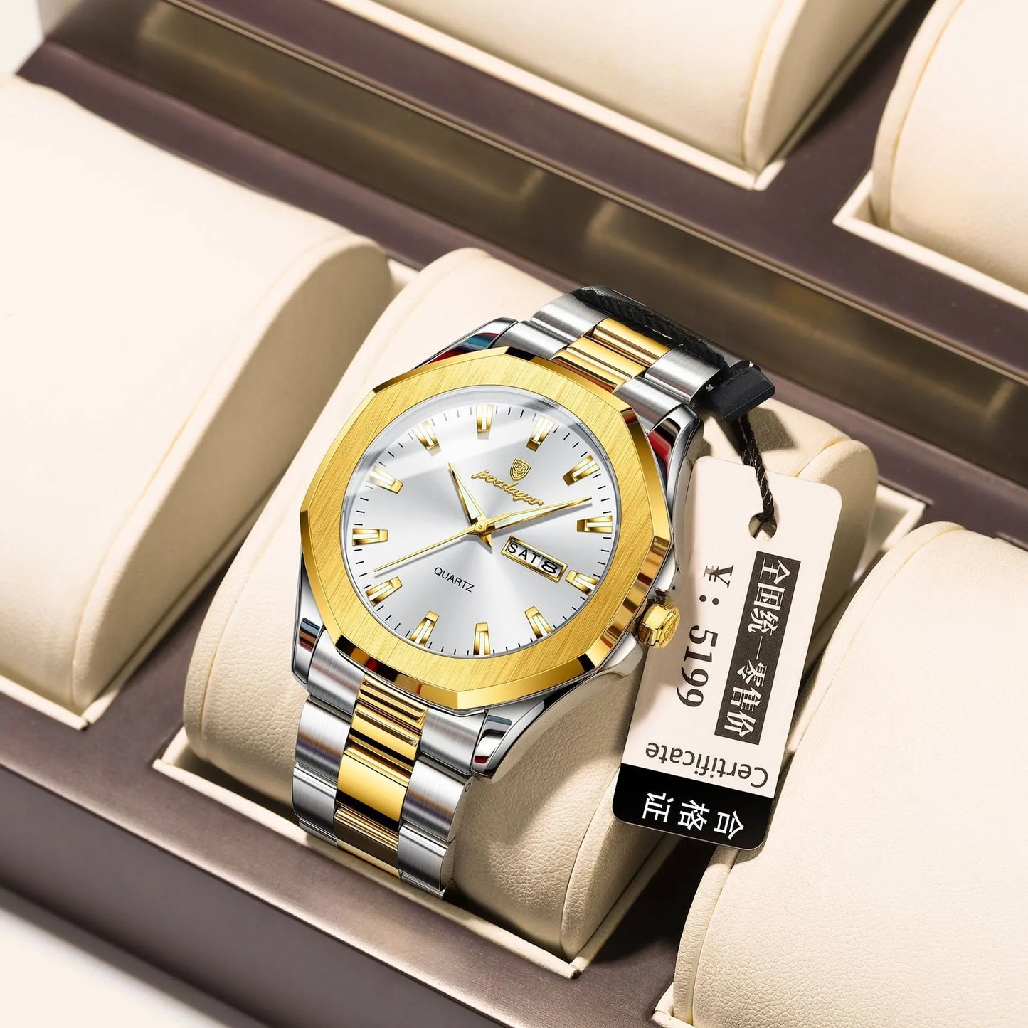 Men's steel strap quartz watch with 9mm thick case in a business style, showing colour options.
