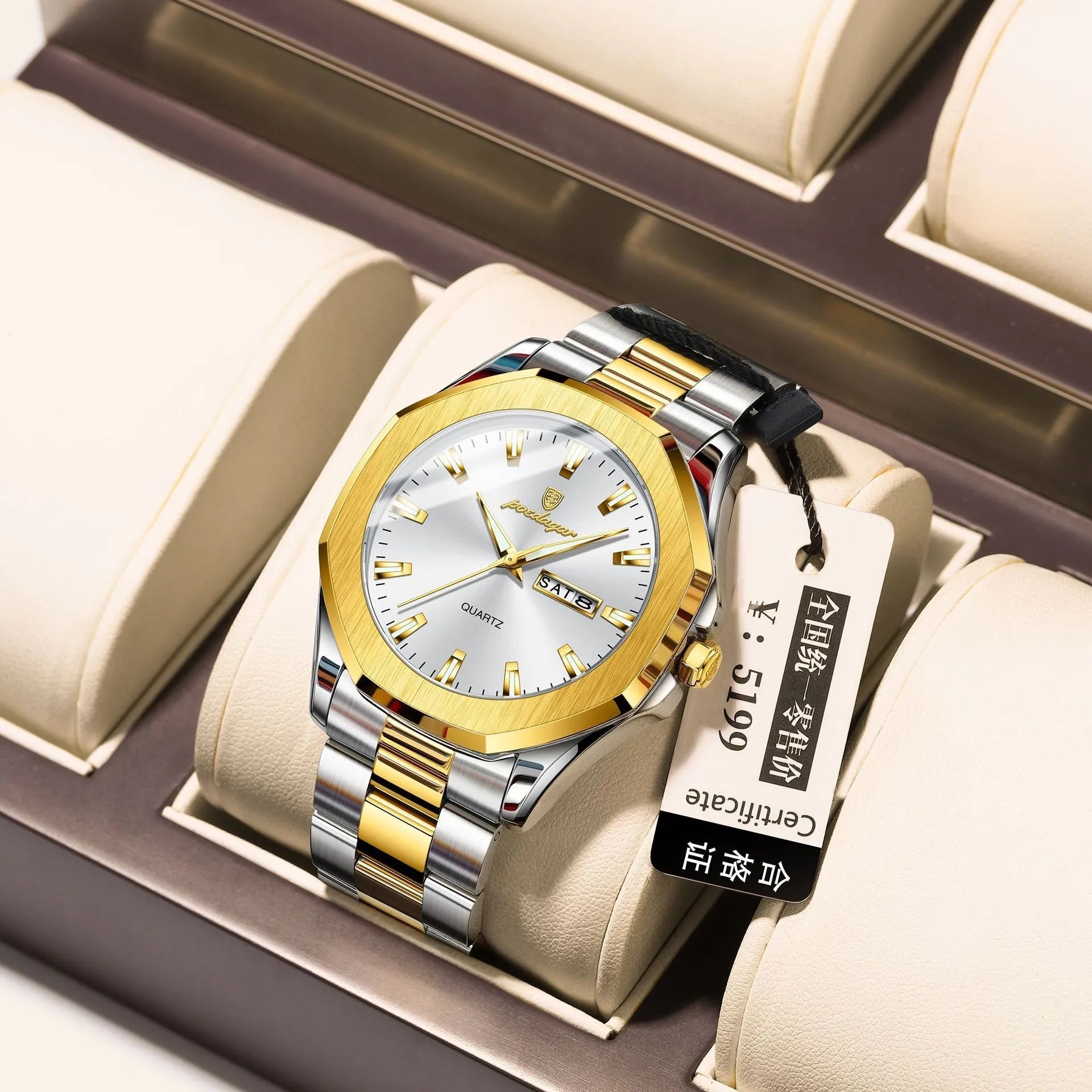 Men's steel strap quartz watch with 9mm thick case in a business style, showing colour options.
