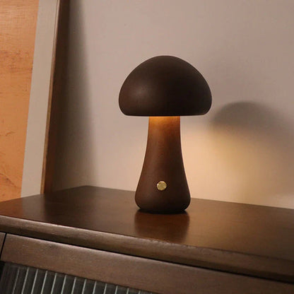 Charming wooden mushroom-shaped LED night light with touch control for bedroom, nursery, or living room decor