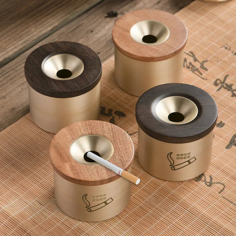 Retro brass ashtray with wooden lid on copper base, showing 12cm diameter and central hole
