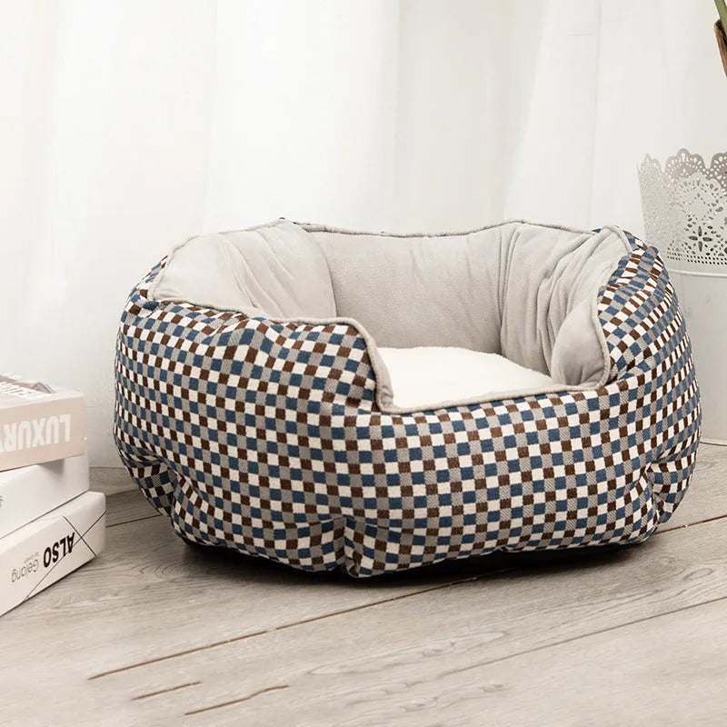 Octagonal fabric pet bed for small dogs and cats with a removable centre mat