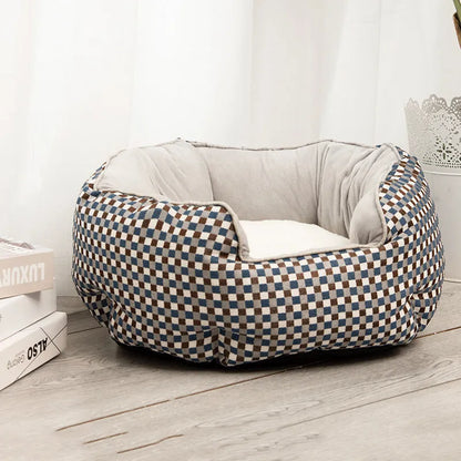 Octagonal fabric pet bed for small dogs and cats with a removable centre mat