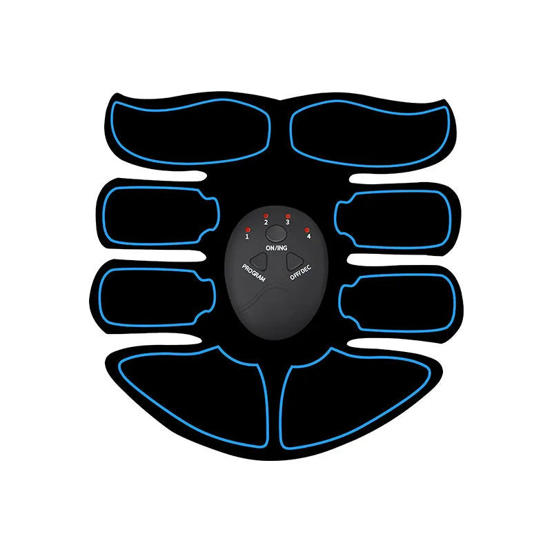 Blue-edged K81 digital abdominal muscle stimulator unit showing display, next to its charging cable.