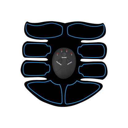 Blue-edged K81 digital abdominal muscle stimulator unit showing display, next to its charging cable.