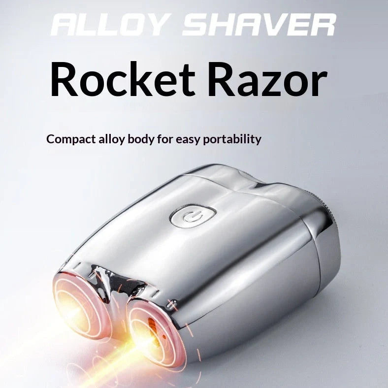 Silver portable electric shaver with floating double cutter heads, USB charging port, and rubberised grip