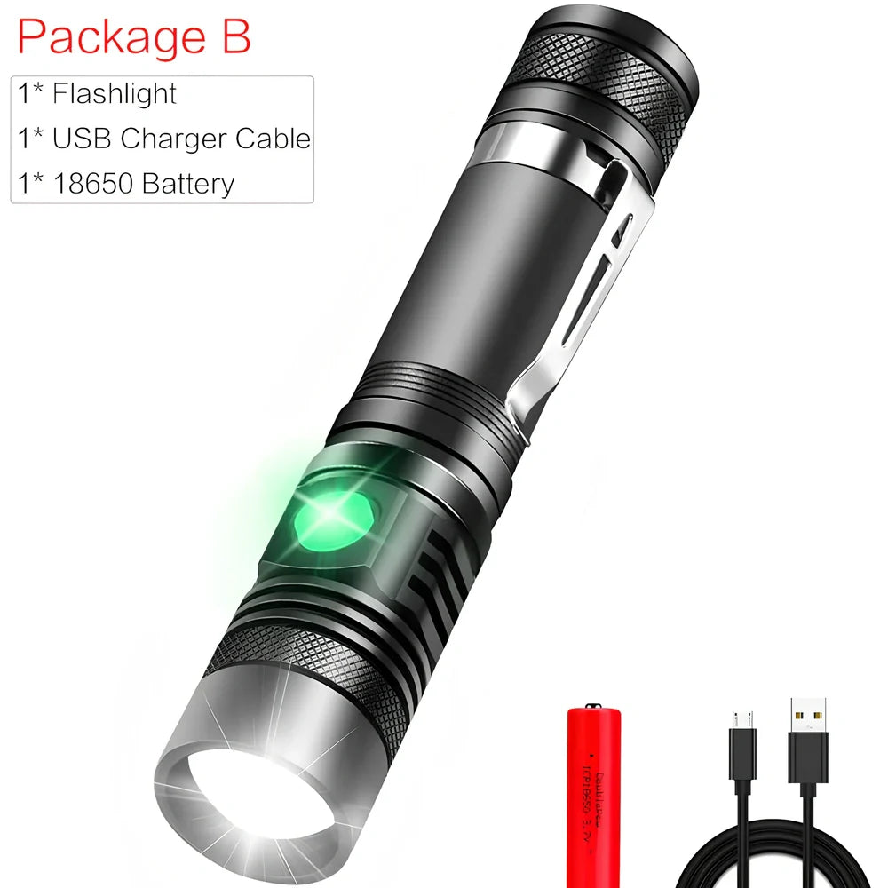 Black WT518 T6 LED flashlight with zoomable head and clicky switch, showing compact 15cm aluminium body