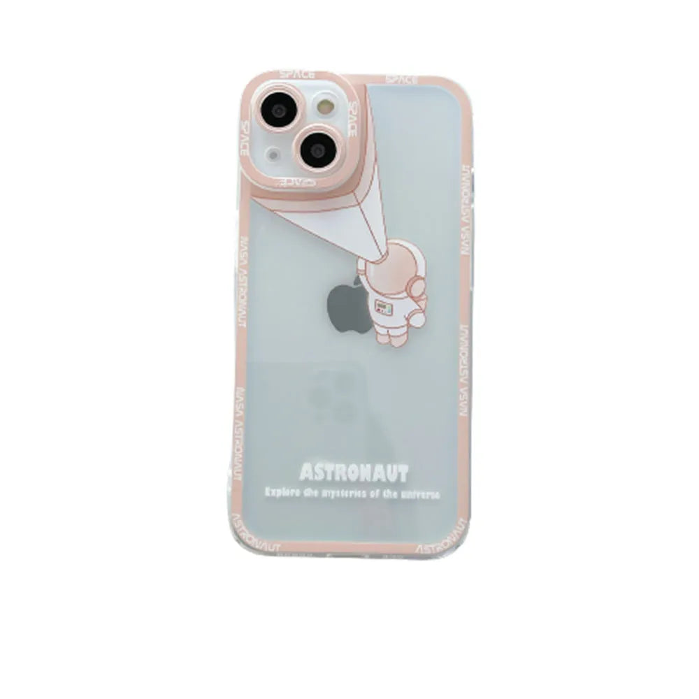 Transparent silicone iPhone case with blue astronaut print, showing compatibility with iPhone models.