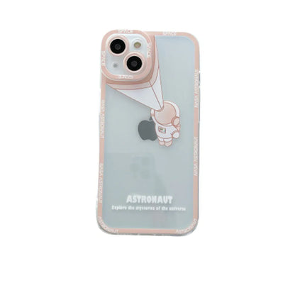 Transparent silicone iPhone case with blue astronaut print, showing compatibility with iPhone models.
