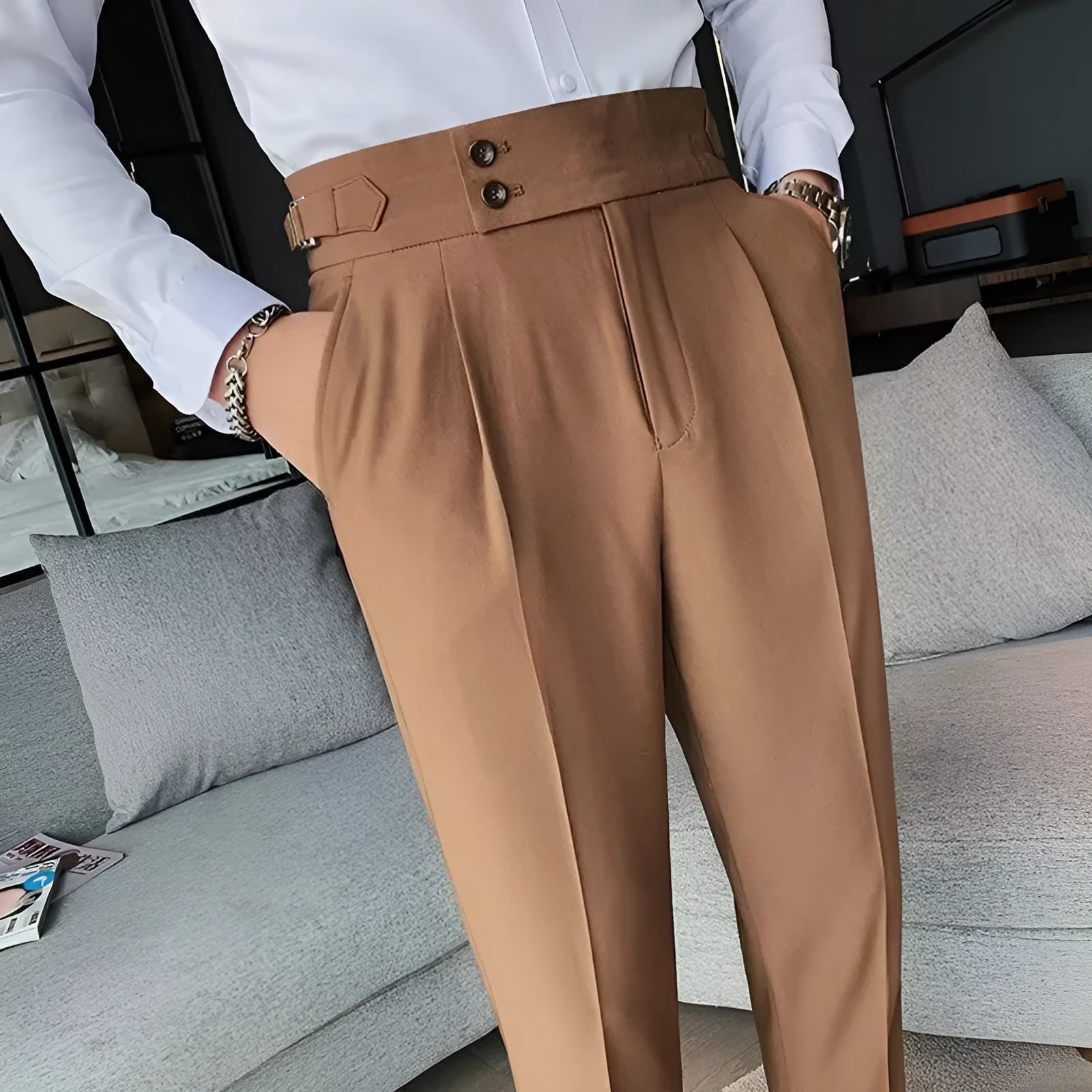 Retro high waist straight leg casual trousers in cotton blend fabric, shown in black, brown, grey or white.
