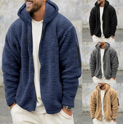 Plush hooded jacket in various colours, featuring a cosy design with a relaxed fit and convenient side pockets